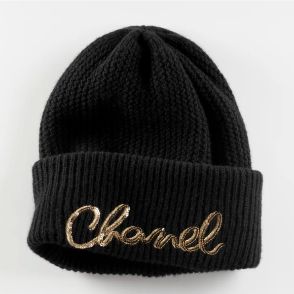 Chanel 100% Cashmere Black with Gold Sequin Beanie - Picture 1 of 10